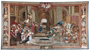 Manifattura Gobelins, Cacciata di Eliodoro dal Tempio, Parigi, Mobilier National, (inv. GMTT 175/3), XVIIII sec., cm 500 x 895