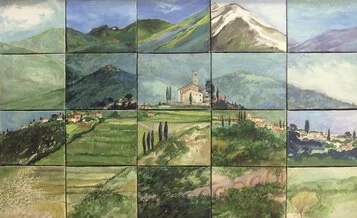 Swietlan Nicholas Kraczyna, Panorama di Barga vista in 20 giorni, 1996, olio su tela, 70x120 cm. Ph. Tipografia LaMarina