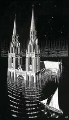 Maurits Cornelis Escher: La Cathédrale engloutie (La cattedrale sommersa), 1929, Xilografia, 721x416 mm. Collezione M.C. Escher Foundation, Paesi Bassi All M.C. Escher works © 2023 The M.C. Escher Company. All rights reserved www.mcescher.com
