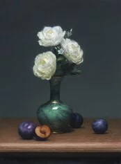 Valerio Testa, Green vase and plums, Olio su tela