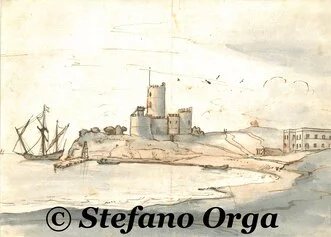 VANVITELLI Luigi (1700 1773), Il Castello di Santa Marinella (Roma), inchiostri acquarellati 23,3x32.2