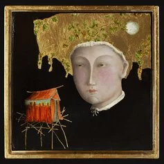 VBC, Giulio Rigoni, Volto con Tenda, 2022, Olio su tavola e foglia d'oro, 28 x 28 cm