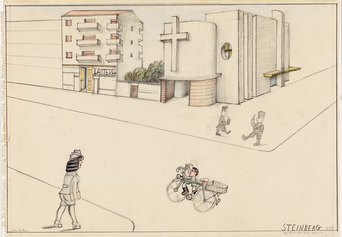 SOUVENIRS / POSTCARDS FROM MILAN
Saul Steinberg, Via Ampere 1936, 1970 pencil and coloured pencils on paper Originally published in The New Yorker, October 7, 1974
Biblioteca Nazionale Braidense, Milano
© The Saul Steinberg Foundation/Artists Rights Society (ARS) New York